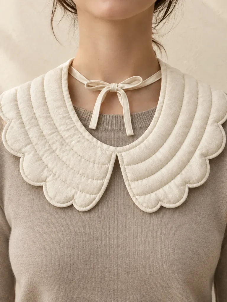 Scallop Puff Collar in Cream, shown worn or carried to show its size