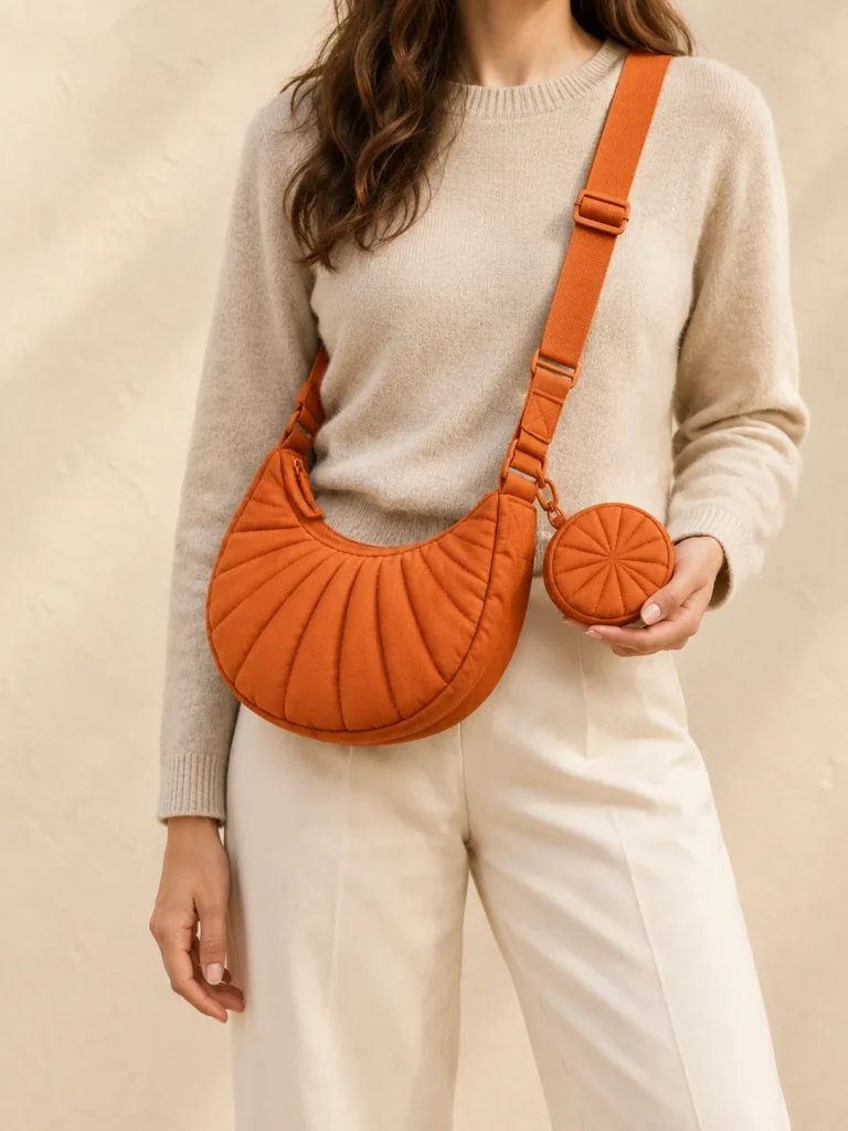 Sling & Coin Set in Persimmon, shown worn or carried to show its size