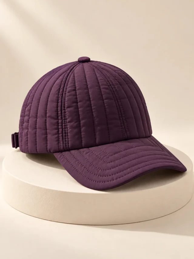 Soft Peak Cap in Plum, front view on a cream plinth