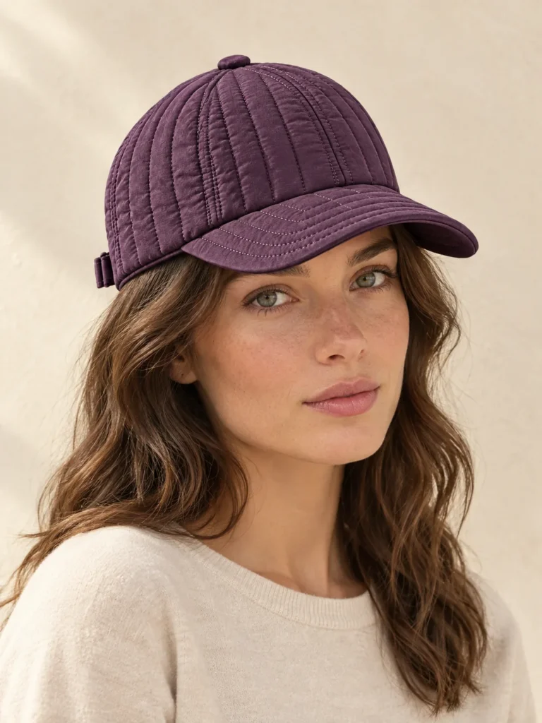 Soft Peak Cap in Plum, shown worn or carried to show its size