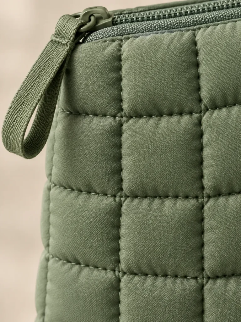 Close-up of the quilting and closure on the Soft Square Zip Pouch