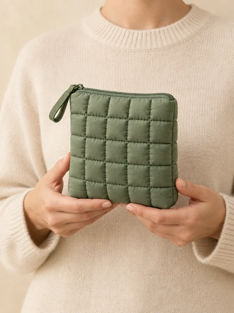 Soft Square Zip Pouch in Sage, shown worn or carried to show its size