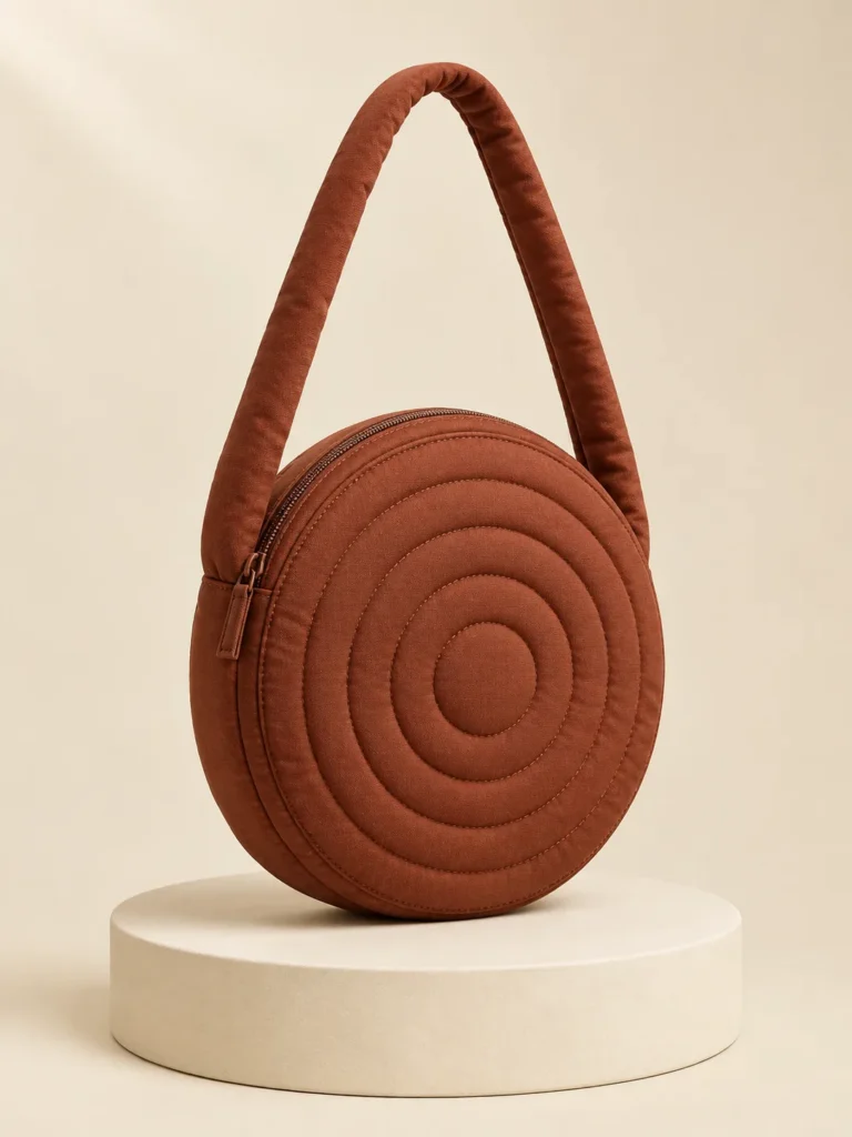 Stack Ring Disc in Chestnut, front view on a cream plinth