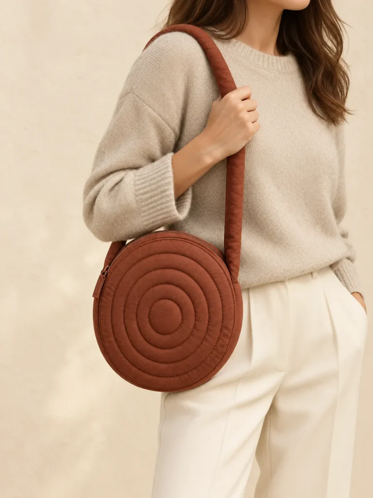 Stack Ring Disc in Chestnut, shown worn or carried to show its size