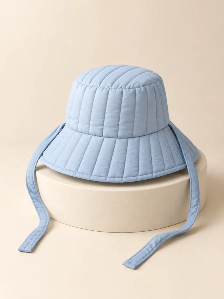 Tie Back Bucket in Powder Blue, front view on a cream plinth
