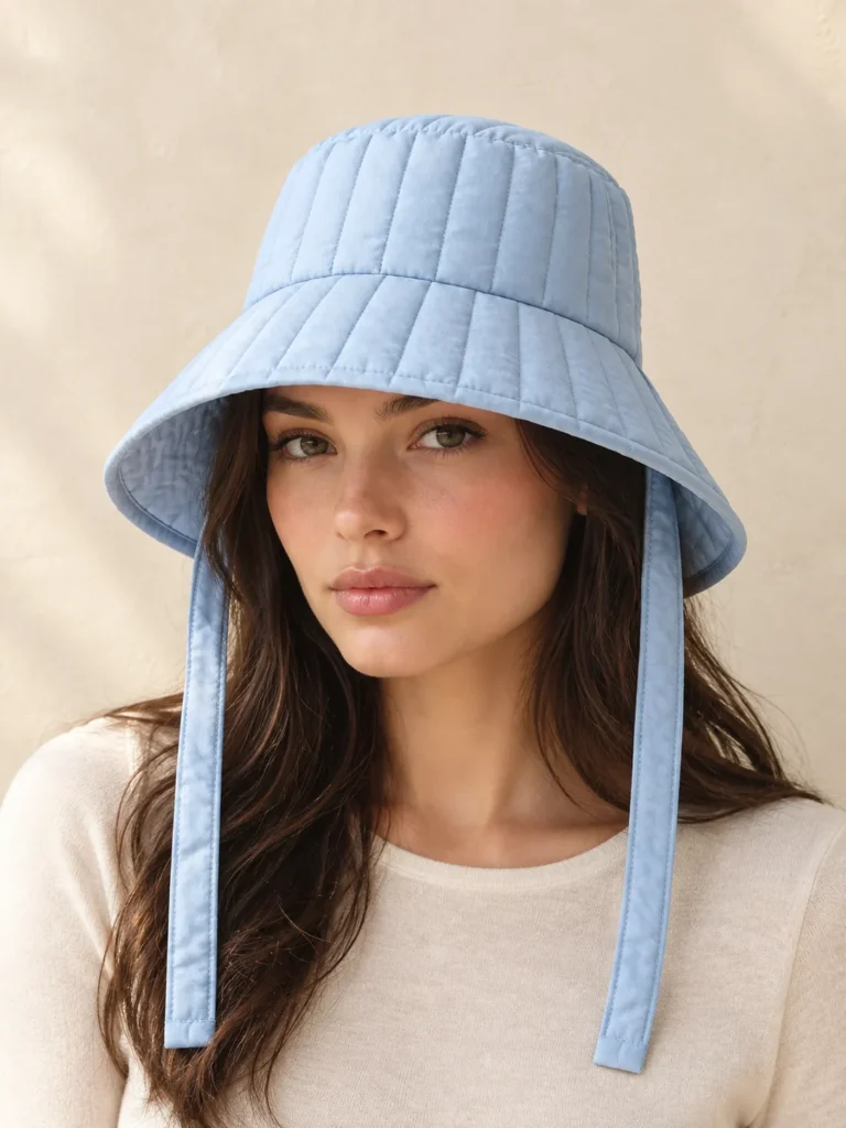 Tie Back Bucket in Powder Blue, shown worn or carried to show its size