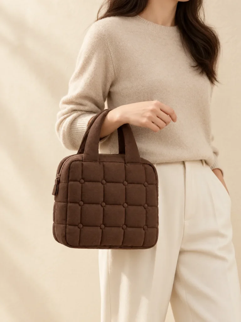 Tuft Button Mini in Cocoa, shown worn or carried to show its size