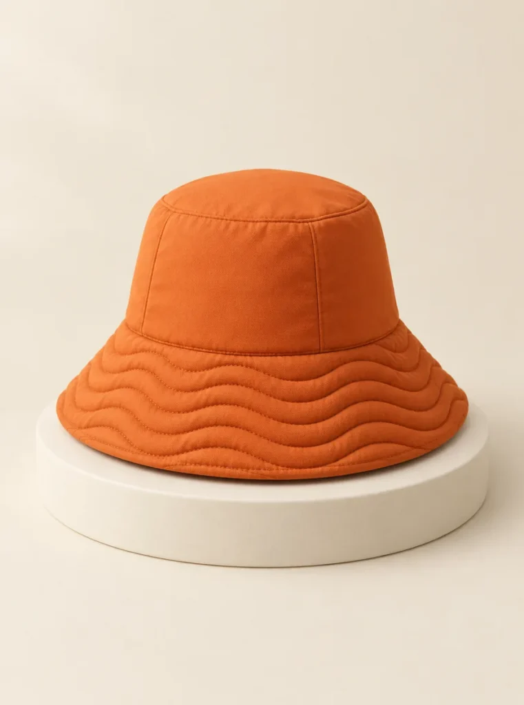 Wave Brim Bucket in Persimmon, front view on a cream plinth