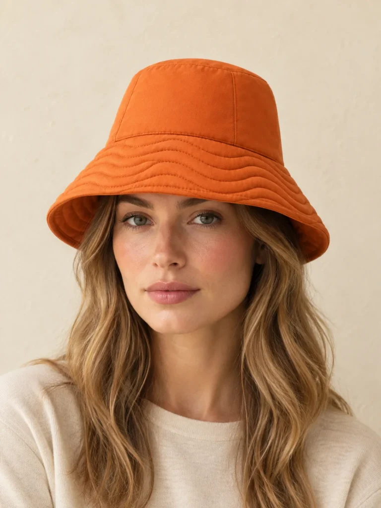 Wave Brim Bucket in Persimmon, shown worn or carried to show its size