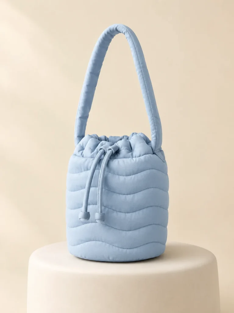 Wave Bucket Mini in Powder Blue, front view on a cream plinth