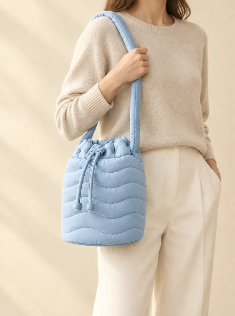 Wave Bucket Mini in Powder Blue, shown worn or carried to show its size