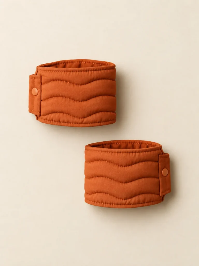 Wave Cuff Pair in Persimmon, front view on a cream plinth