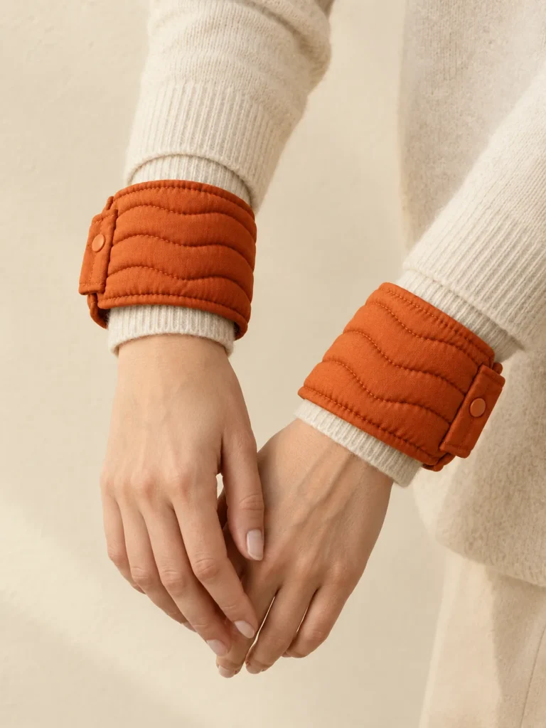 Wave Cuff Pair in Persimmon, shown worn or carried to show its size