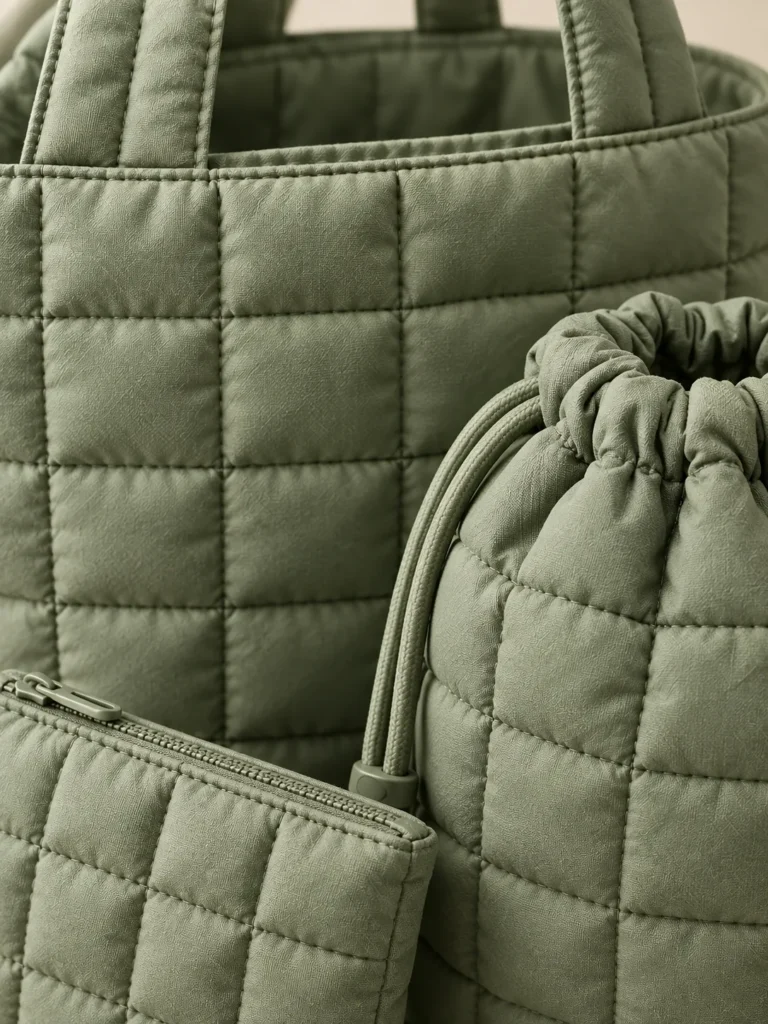 Close-up of the quilting and closure on the Weekend Carry Trio