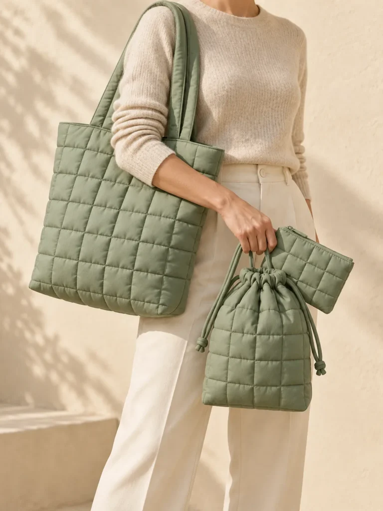 Weekend Carry Trio in Sage, shown worn or carried to show its size