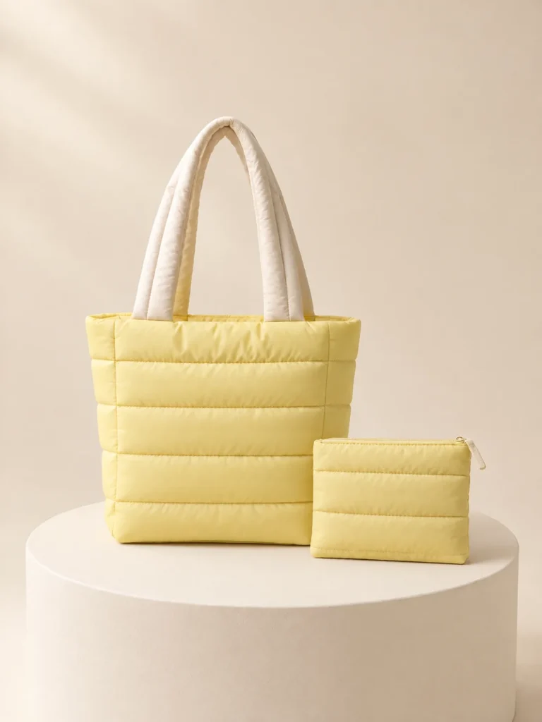 Wrap Handle Tote Set in Butter & Cream, back and side view