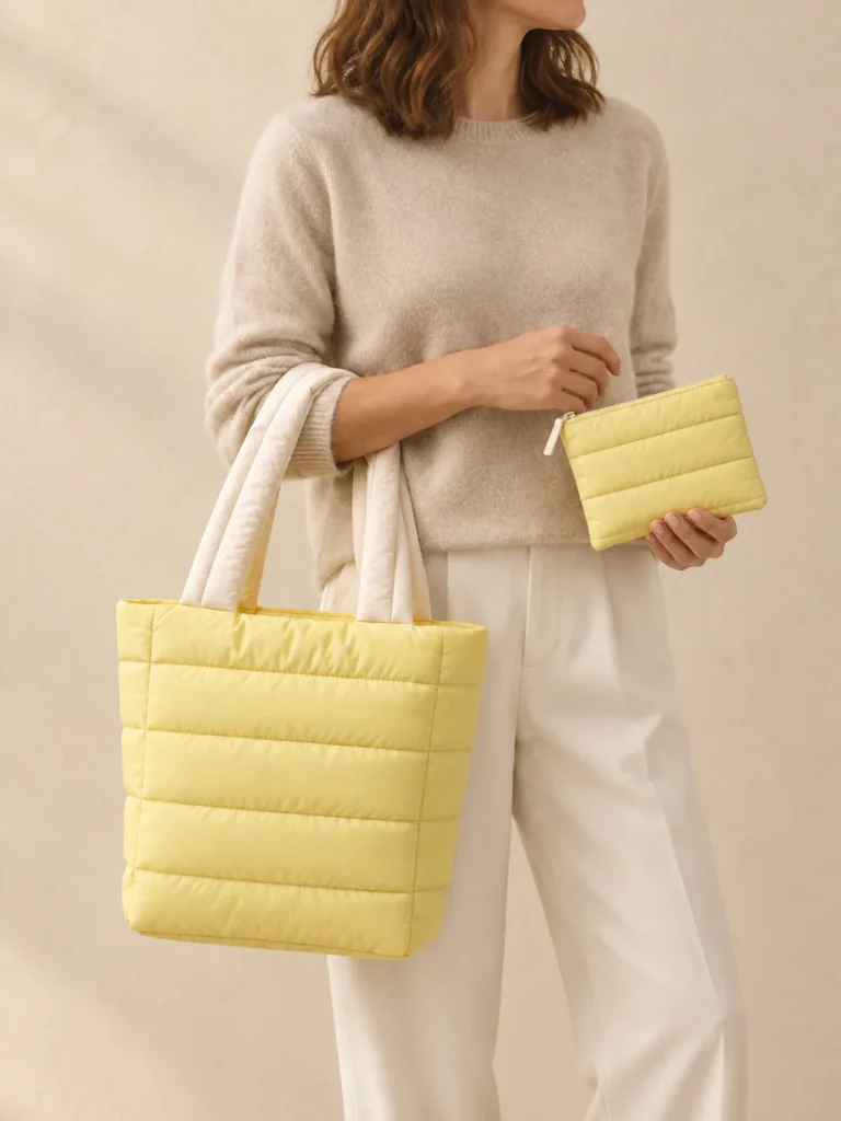 Wrap Handle Tote Set in Butter & Cream, shown worn or carried to show its size